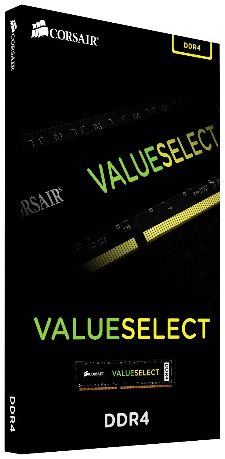 'Corsair ValueSelect DDR4' Speichermodul-Verpackung. Schwarze Box mit Markenlogo. Geeignet für Desktop-Computer, betont Leistung.