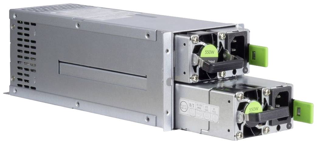 Ein Servernetzteil mit zwei Lüftern und grünen Griffen; es liefert eine Leistung von 550 W.