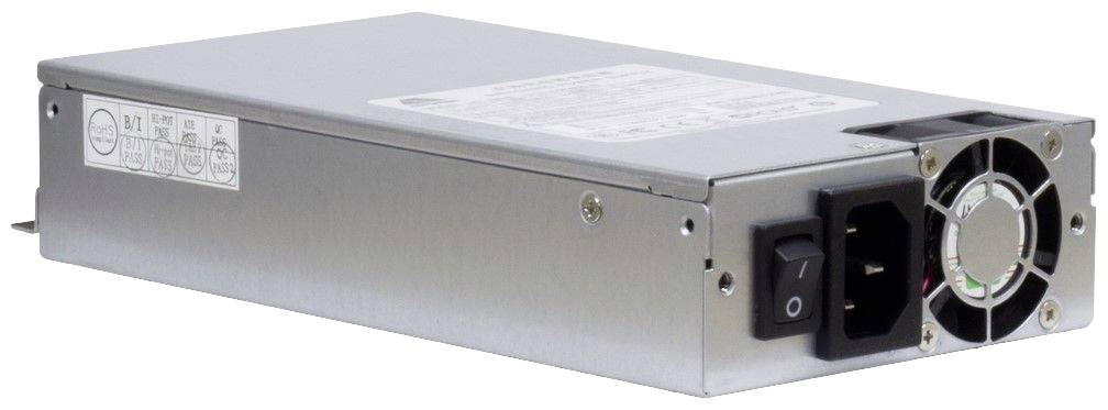 Ein rechteckiges, metallisches Netzteil mit Lüfter und einem Ein-/Ausschalter. Auf der Oberseite ist ein Etikett mit Spezifikationen.