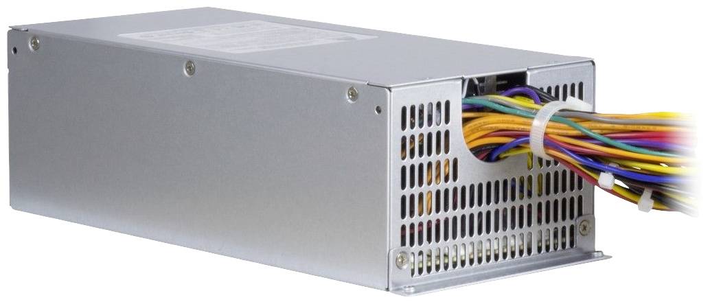 Ein rechteckiges Computernetzteil mit mehreren bunten Kabeln, die aus der Rückseite herausführen.