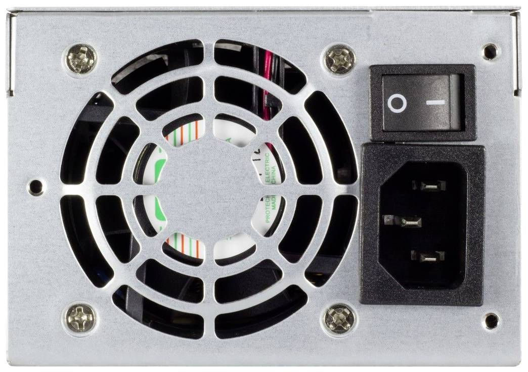 Ein Computernetzteil mit Lüfter und Ein-/Ausschalter. Der Lüfter sorgt für Kühlung, der Schalter steuert die Stromzufuhr.