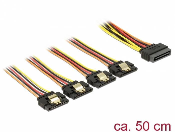 'SATA Kabel mit fünf Anschlüssen, ca. 50 cm lang, ideal zur Verbindung von Festplatten und anderen Speichergeräten mit dem Mainboard.'