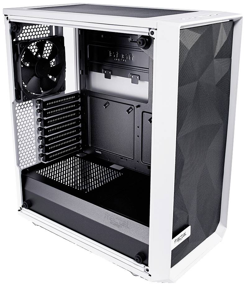 Weißes Computergehäuse mit schwarzem Innenraum, offen mit sichtbaren Lüfter- und Erweiterungsschächten, bereit für Komponenteninstallation.