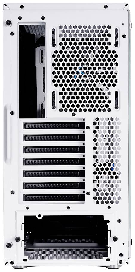 'Weiße Computergehäuse-Rückseite mit Lüftungsgittern und mehreren Erweiterungssteckplätzen.'