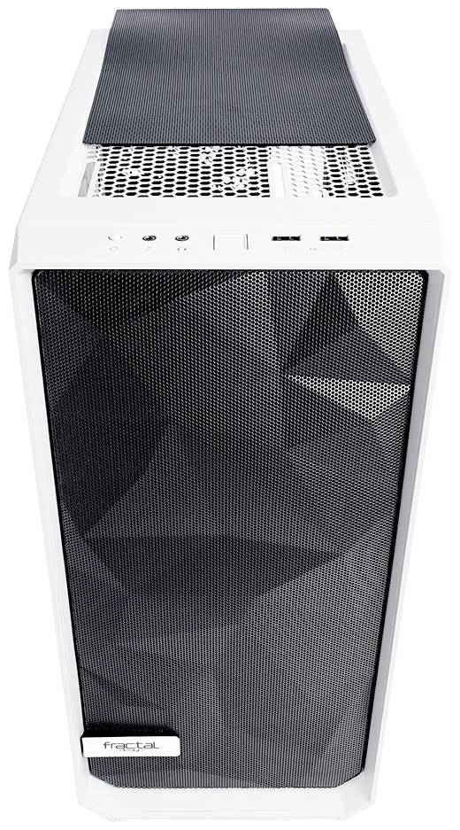 Weißes Computergehäuse von Fractal, mit Mesh-Front für verbesserte Belüftung. Oberseite enthält Anschlüsse und Gitter für Luftstrom.
