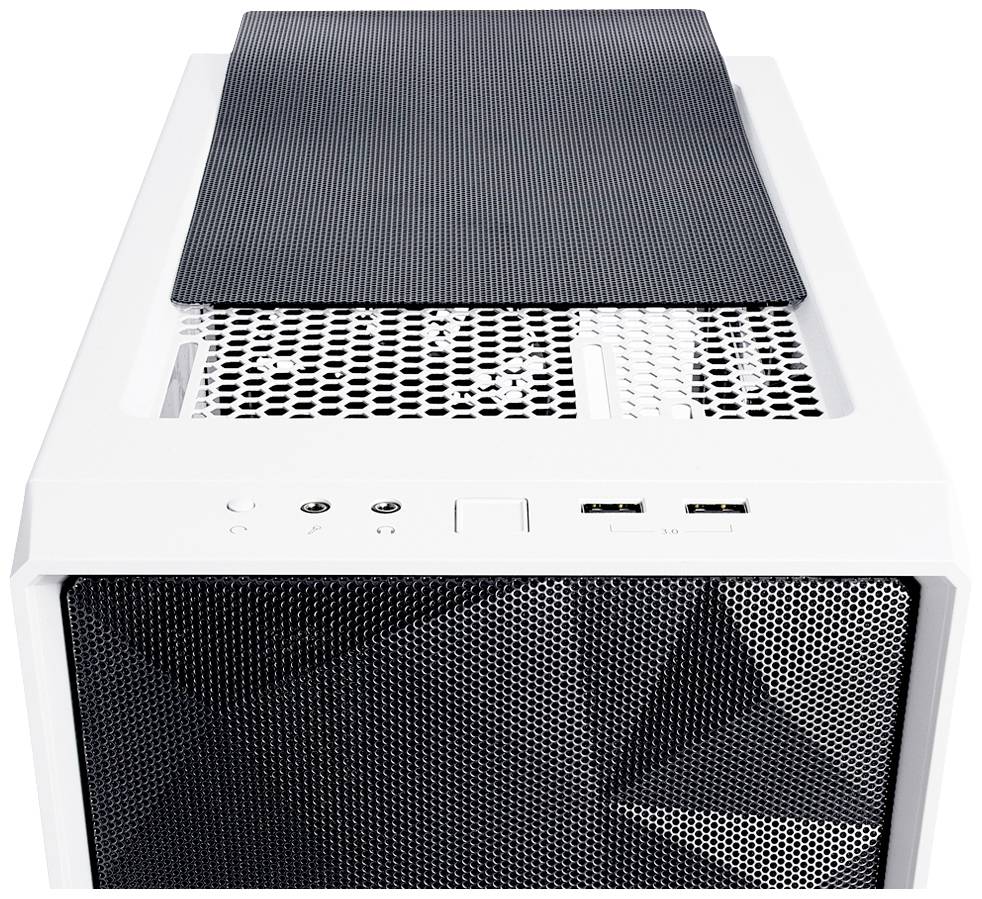 Ein weißes Computergehäuse mit grauem, abnehmbarem Gitterdeckel und Front mit Lüftungsgitter, zwei USB-Anschlüsse vorne sichtbar.