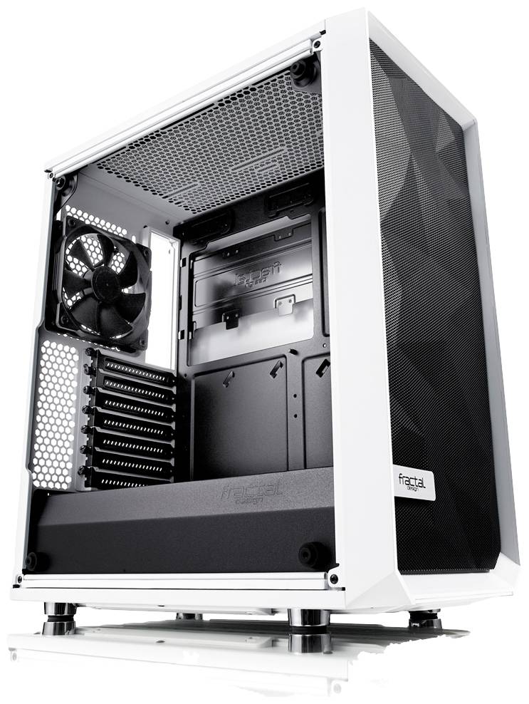 Ein leerer, weißer PC-Tower mit offenem Seitenteil und sichtbar montierbarem Innenraum für Hardwarekomponenten.