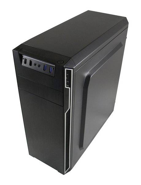 Schwarzes Computergehäuse im Tower-Design, mit USB- und Audiobuchsen an der Vorderseite.