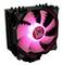 Ein CPU-Kühler mit einem leuchtenden, pink beleuchteten Lüfter. Das Logo in der Mitte zeigt 'LC Power'.