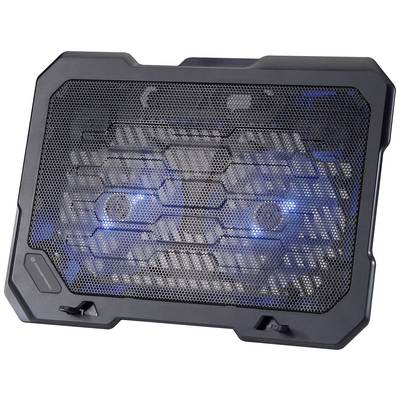 Ein schwarzer Laptop-Kühler mit blauer LED-Beleuchtung, der auf seiner Oberfläche ein Lüftungsgitter aus Metall hat.