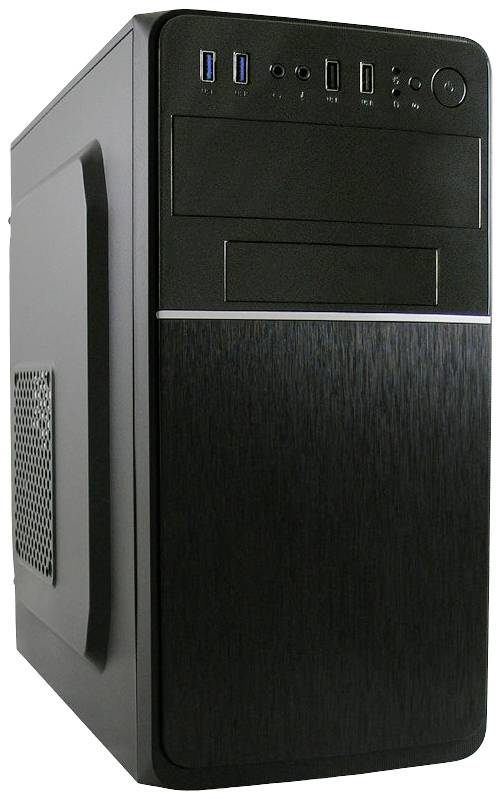 Ein schwarzer Computer-Tower mit USB-Anschlüssen oben vorne.