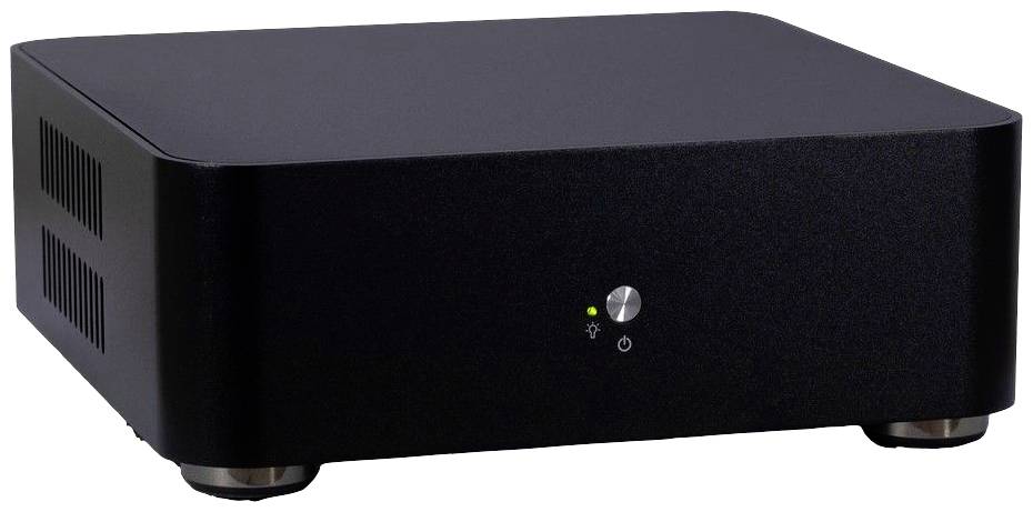 Ein schwarzer, rechteckiger Computergehäuse mit Anzeigelämpchen und Ein-/Ausschaltknopf auf der Vorderseite.