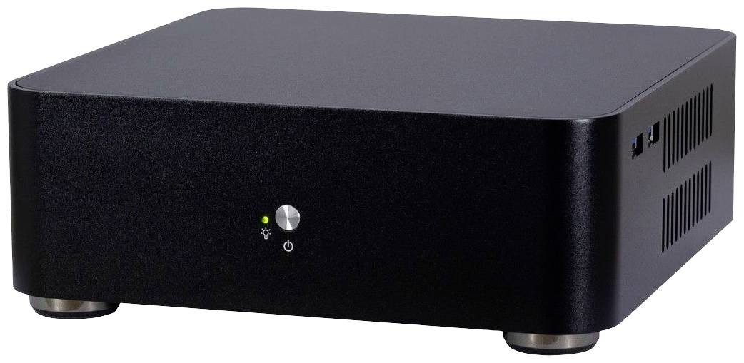 Ein schwarzes, rechteckiges elektronisches Gerät auf vier Füßen mit einem leuchtenden LED-Licht an der Vorderseite.