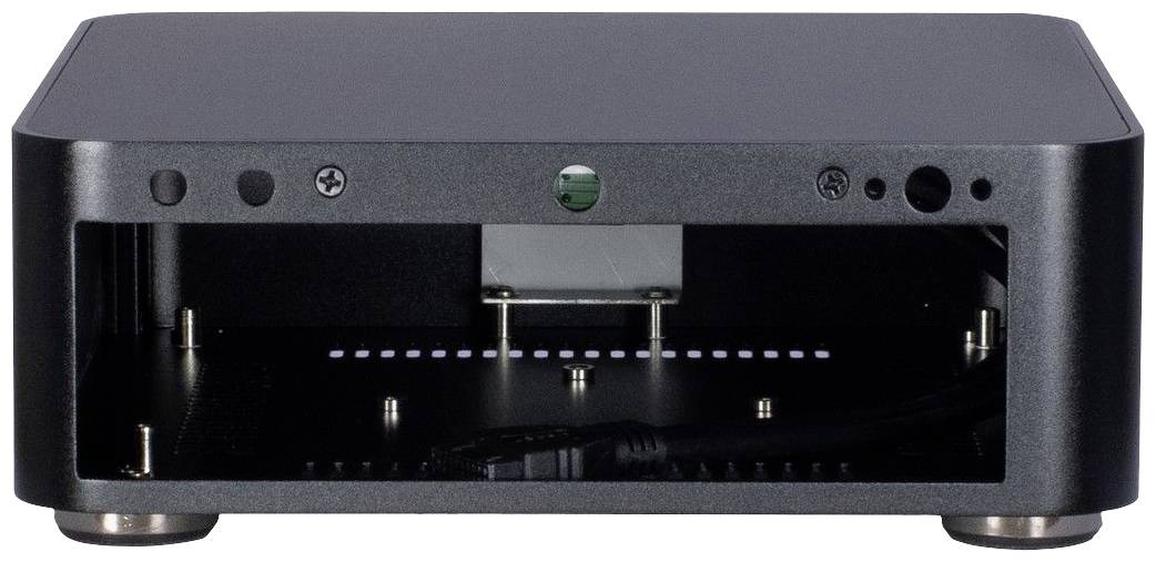 Kleiner, rechteckiger schwarzer Computerkasten ohne Frontabdeckung, zeigt Anschlüsse und interne Halterungen, auf Metallfüßen.