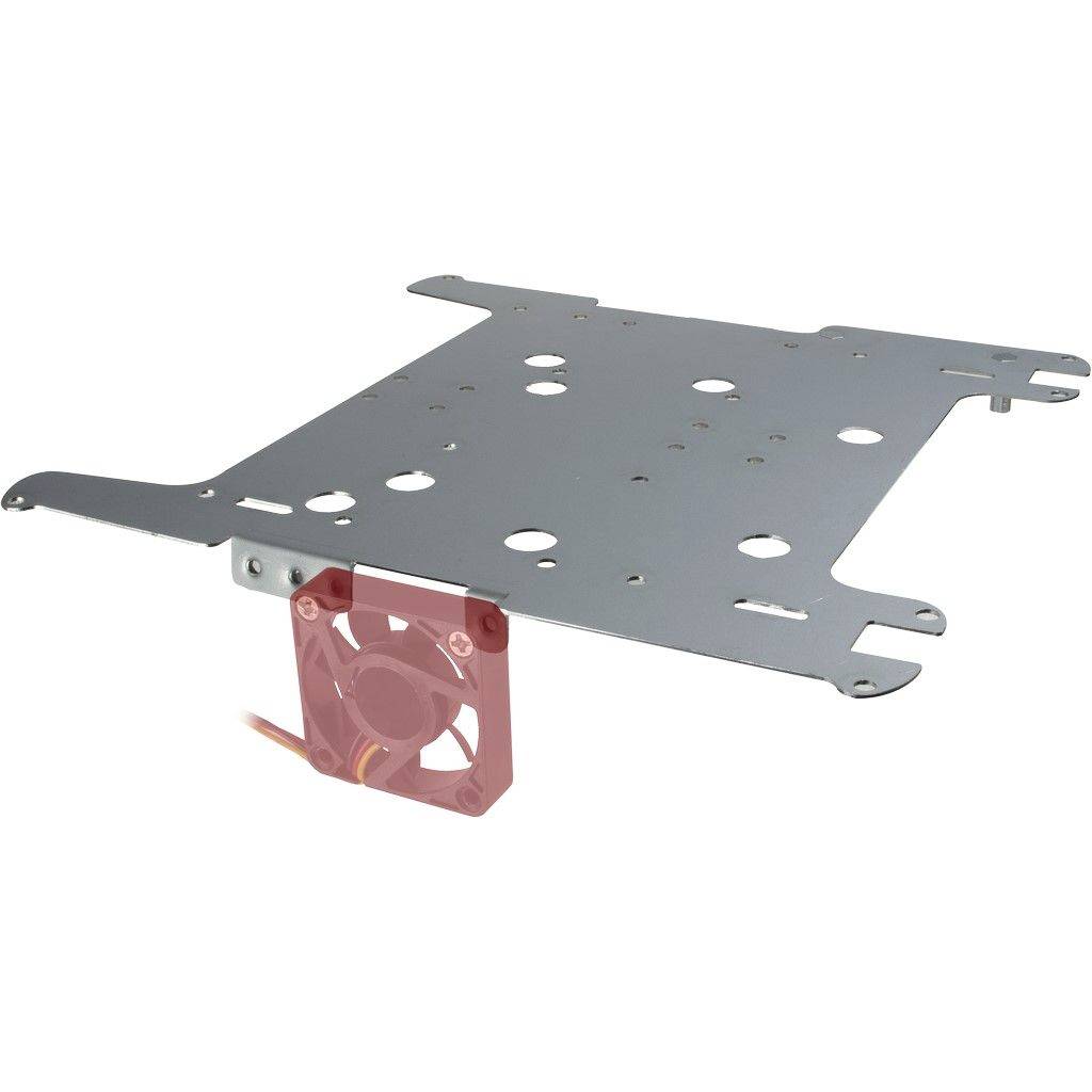 Metallplatte mit mehreren Löchern und abgerundetem Rand, ein kleiner Lüfter ist an der Unterseite angebracht.