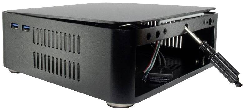 Ein kompakter, schwarzer Computergehäuse zeigt einen offenen Wartungsbereich mit sichtbaren Kabeln und einem Schraubenzieher.