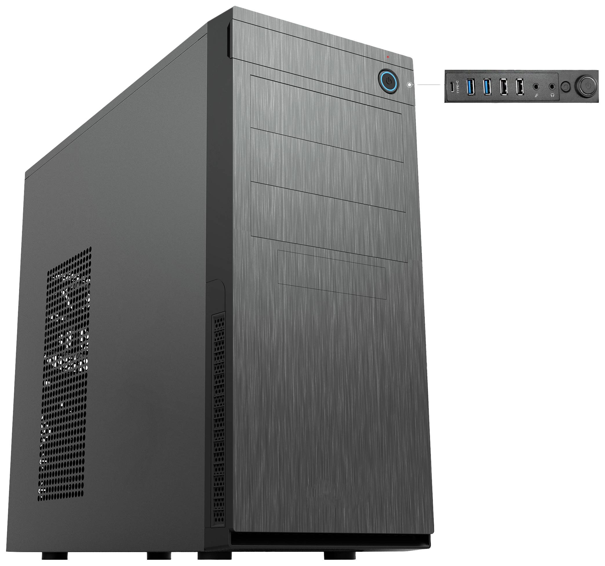 Ein schwarzes Computergehäuse mit belüfteter Seitenwand und Frontanschlüssen: USB, Audio, Power-Button.