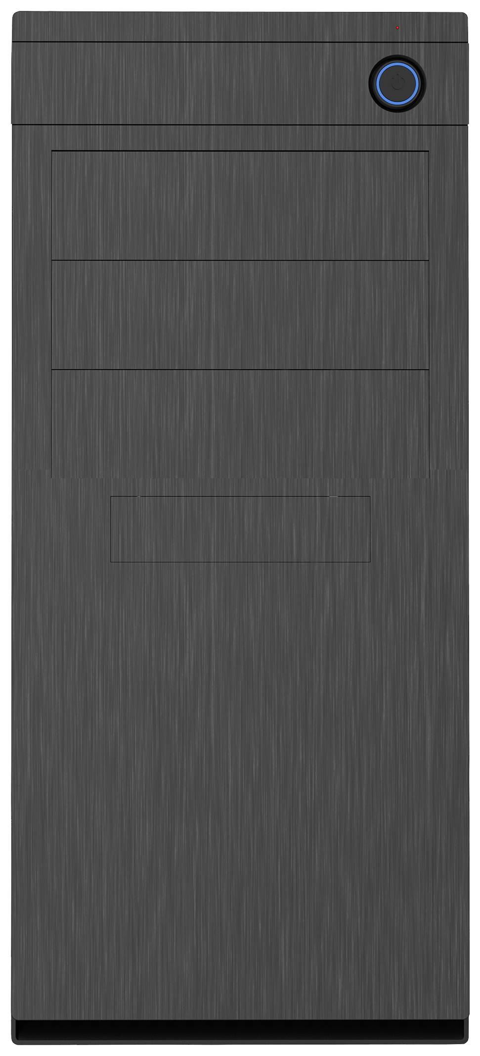 Schwarzes Computergehäuse in Tower-Form. Oben links ein blauer Einschaltknopf. Keine weiteren sichtbaren Details oder Anschlüsse.
