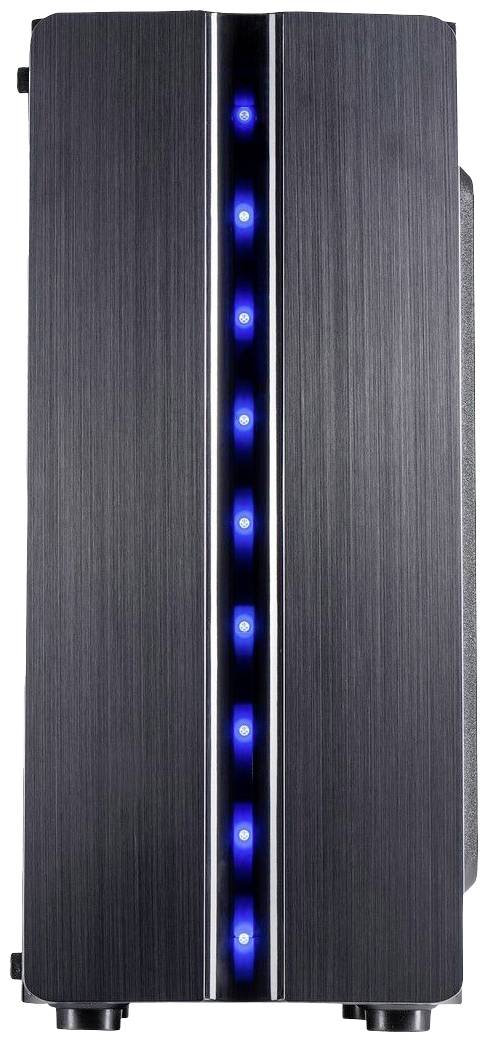 Ein schwarzes Computergehäuse mit einer vertikalen Reihe blauer LED-Leuchten in der Mitte.