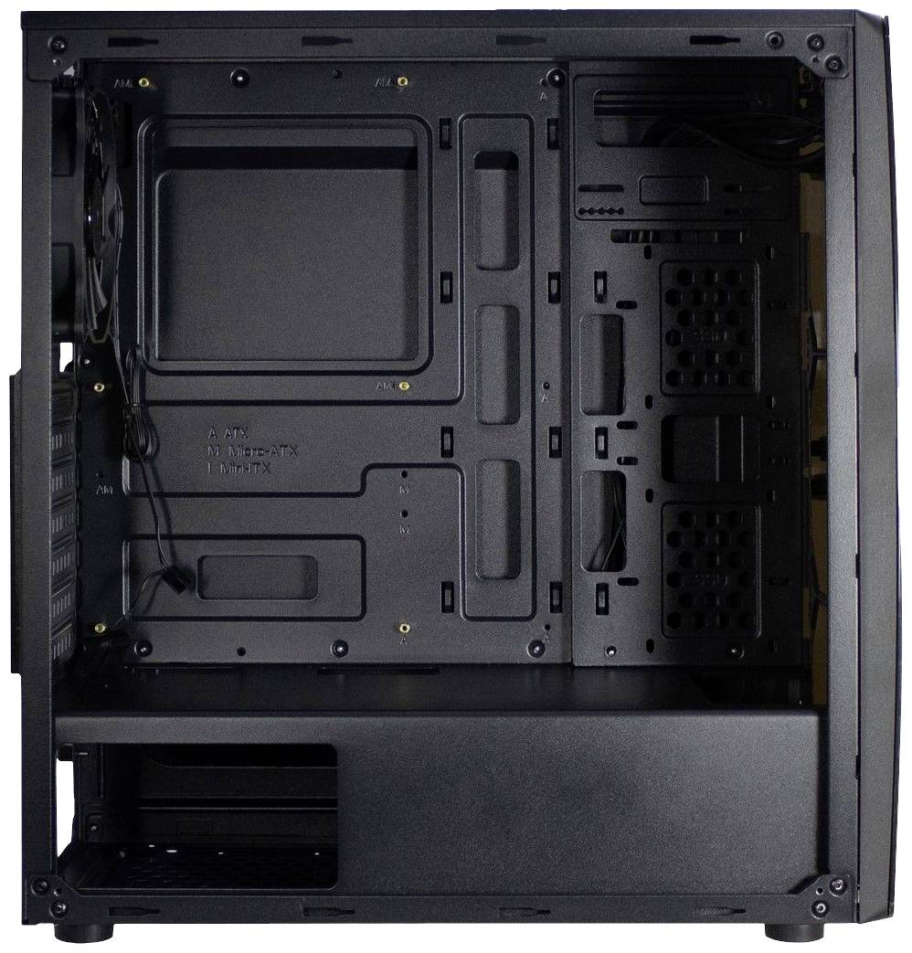 Schwarzes Computergehäuse ohne Komponenten, mit Platz für Motherboard, Netzteil und Laufwerke, zeigt Innenstruktur für PC-Bau.