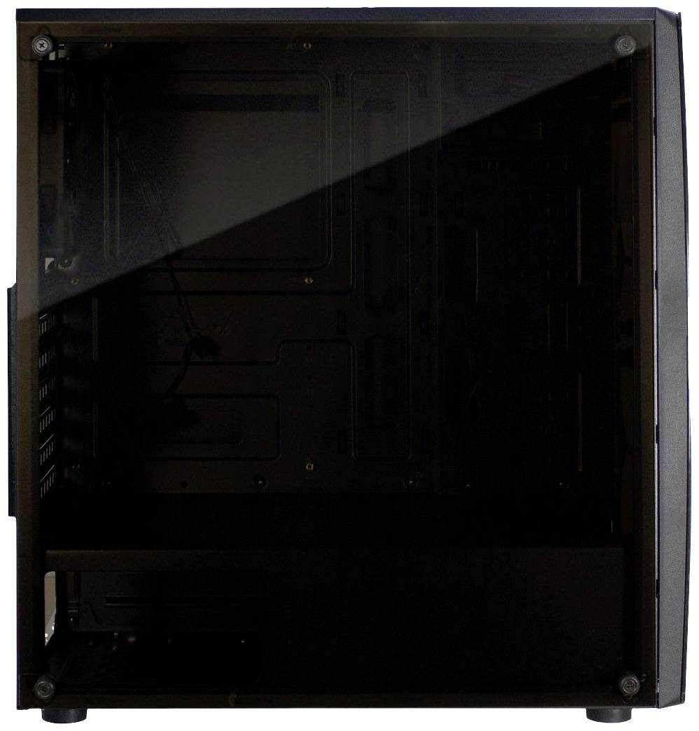 Schwarzes Computergehäuse mit transparentem Seitenteil, leer innen.