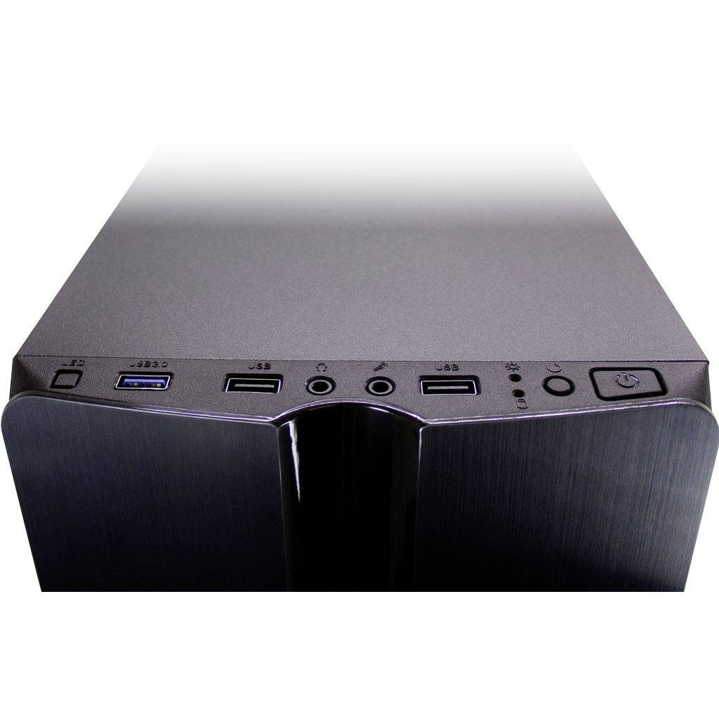 Ein Computergehäuse in Schwarz mit mehreren USB-Anschlüssen und einem Netzschalter oben.