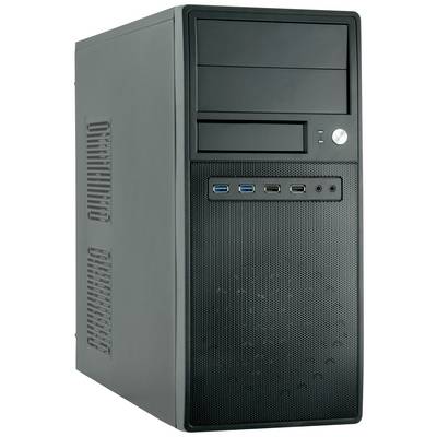 Schwarzes Computer-Gehäuse mit mehreren USB-Anschlüssen und Lüftungsschlitzen, geeignet für den Einbau von Hardware-Komponenten.