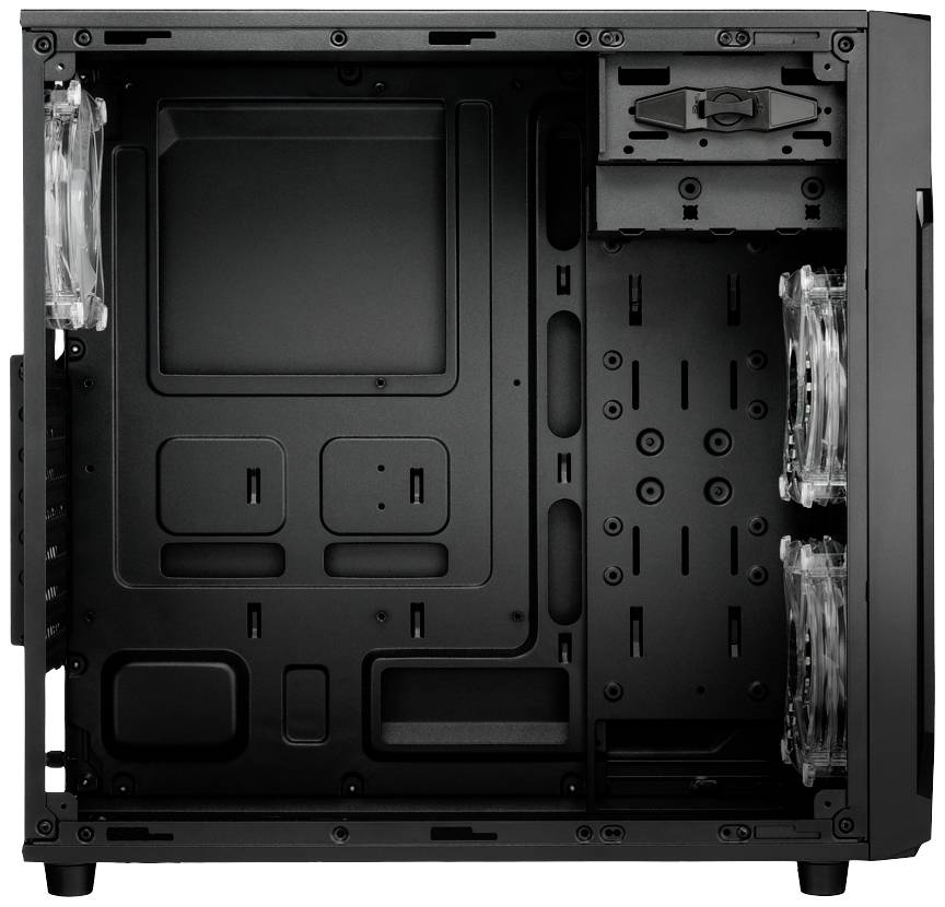 Schwarzes Computergehäuse-Inneres mit freiem Platz für Hauptplatine, zwei Lüfter an der Vorderseite, Laufwerksschacht oben.