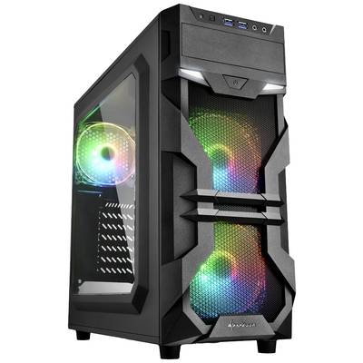 Schwarzes PC-Gehäuse mit seitlichem Fenster und zwei leuchtenden, bunten Lüftern vorne. Markante, kantige Form mit Netzteil an der Unterseite.