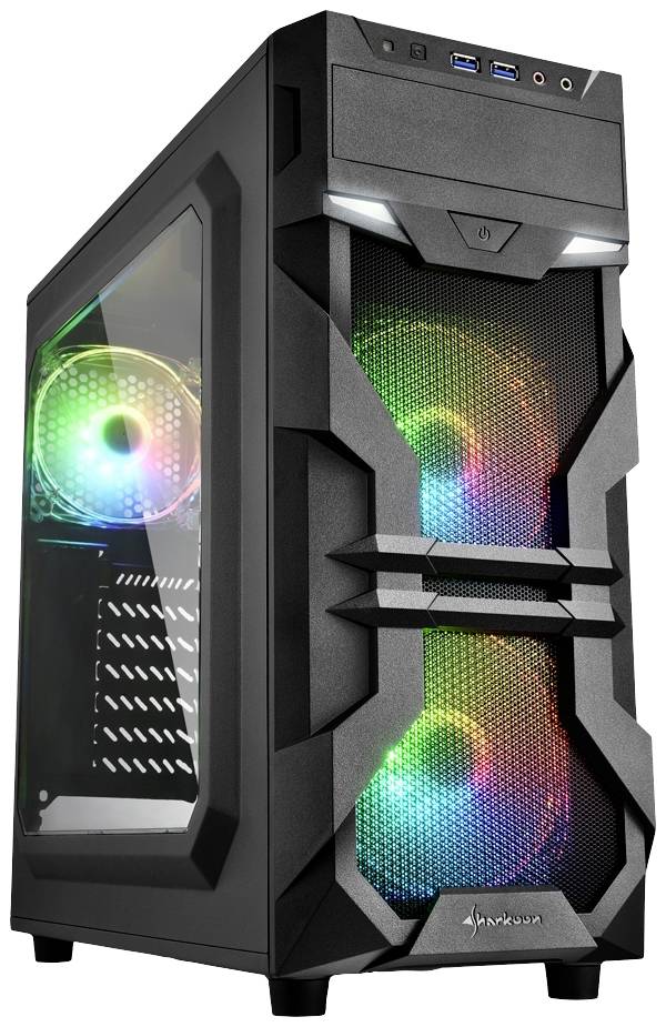 Schwarzes Computergehäuse mit sichtbaren LED-beleuchteten Lüftern in verschiedenen Farben. Seitenfenster zeigt innere Komponenten.