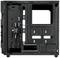 Ein leerer, offener Computergehäuse, schwarz, mit sichtbarer Rückwand. Kabelmanagementöffnungen und Mainboard-Halterungen vorhanden.