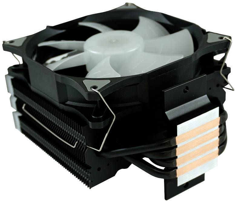 'Ein schwarzer Computerprozessor-Kühler mit großen Lüfterflügeln und Kupfer-Hitzeleitrohren, die über einen Kühlkörper führen.'