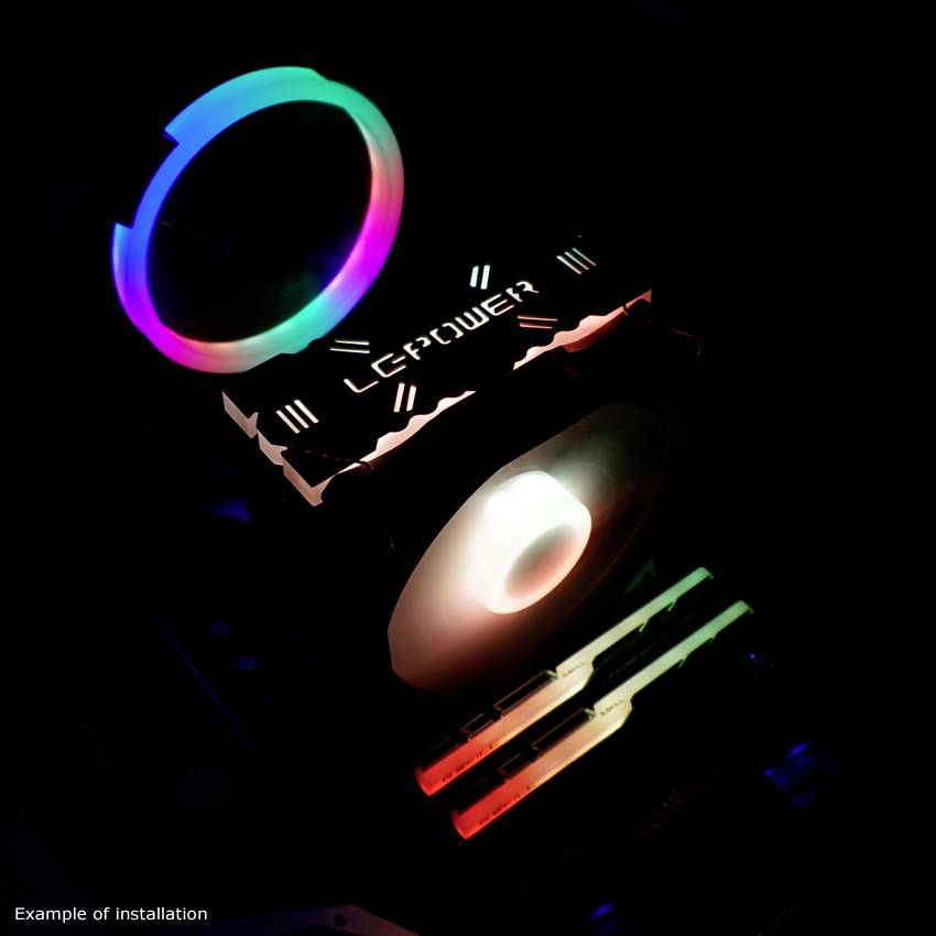 Ein Computergehäuse mit beleuchteten Lüftern und einer Grafikkarte, die das Logo 'LEPOWER' zeigt. Bunte LED-Beleuchtung ist sichtbar.