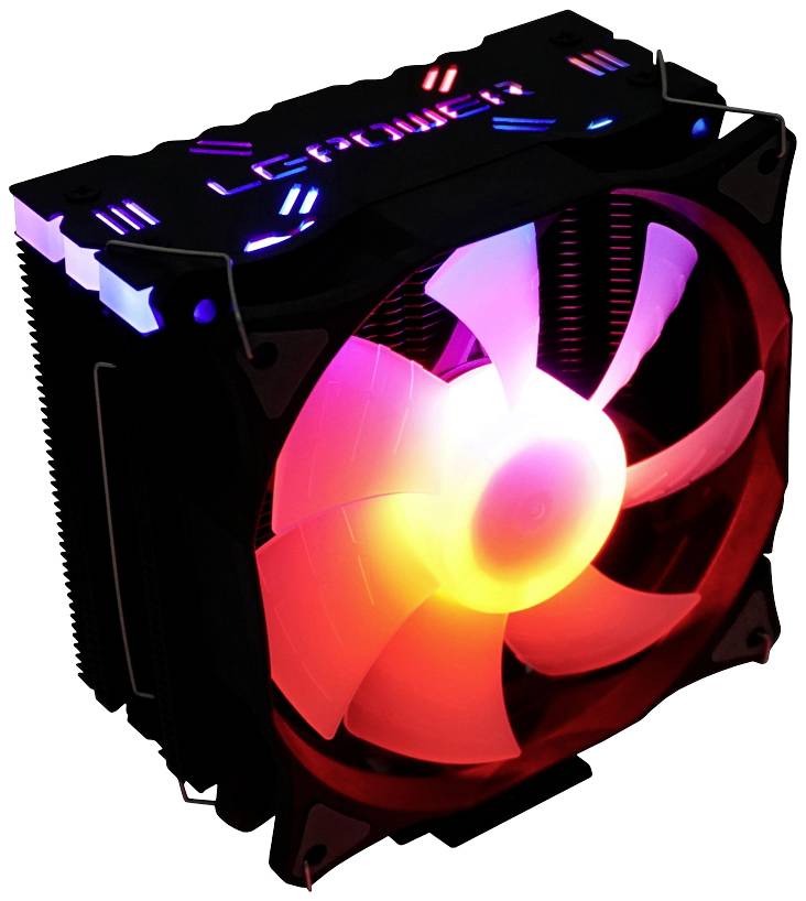 Lüfter mit leuchtenden, mehrfarbigen LEDs; zentrale Kühlvorrichtung für Computer; Hauptfarben sind Rot, Blau und Lila.