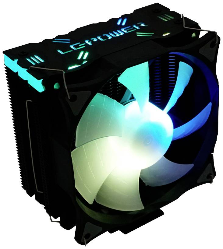 Schwarzer CPU-Kühler mit leuchtendem, blau-weißem LED-Lüfter und Aufschrift 'LEPOWER'.