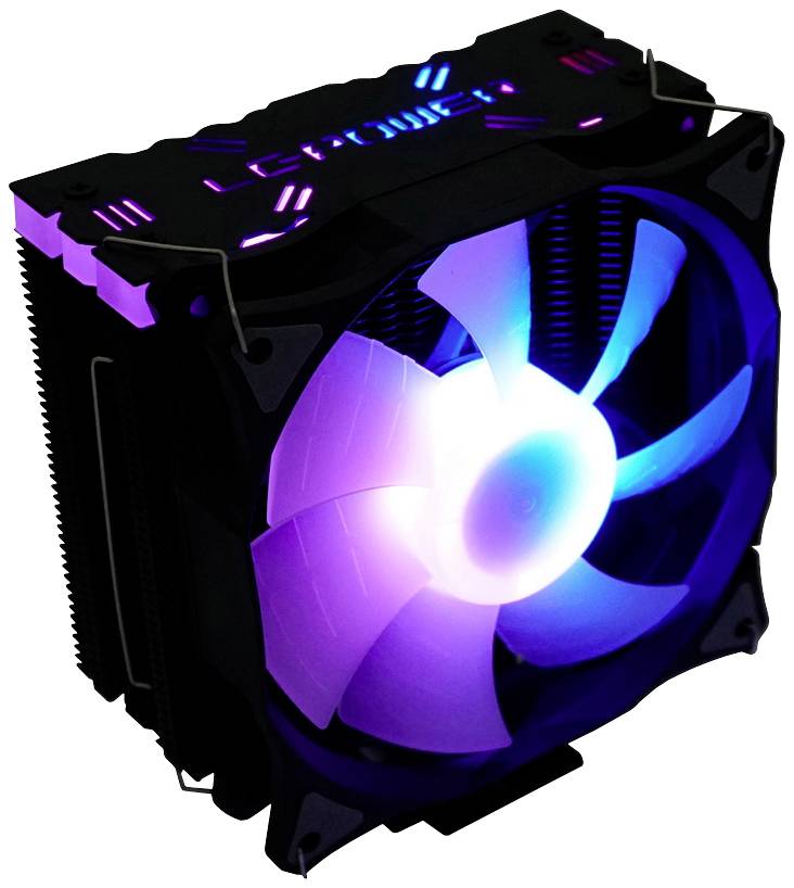 Ein Computerkühler mit leuchtendem LED-Lüfter. Der Lüfter hat blaue und violette Farben und befindet sich auf einem Kühlkörper.