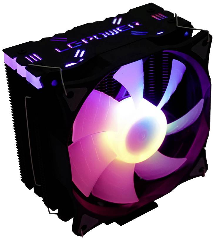 CPU-Kühler mit bunten LED-Lichtern, zeigt rotierende Lüfter mit RGB-Beleuchtung, Markenaufschrift 'LEPOWER'.