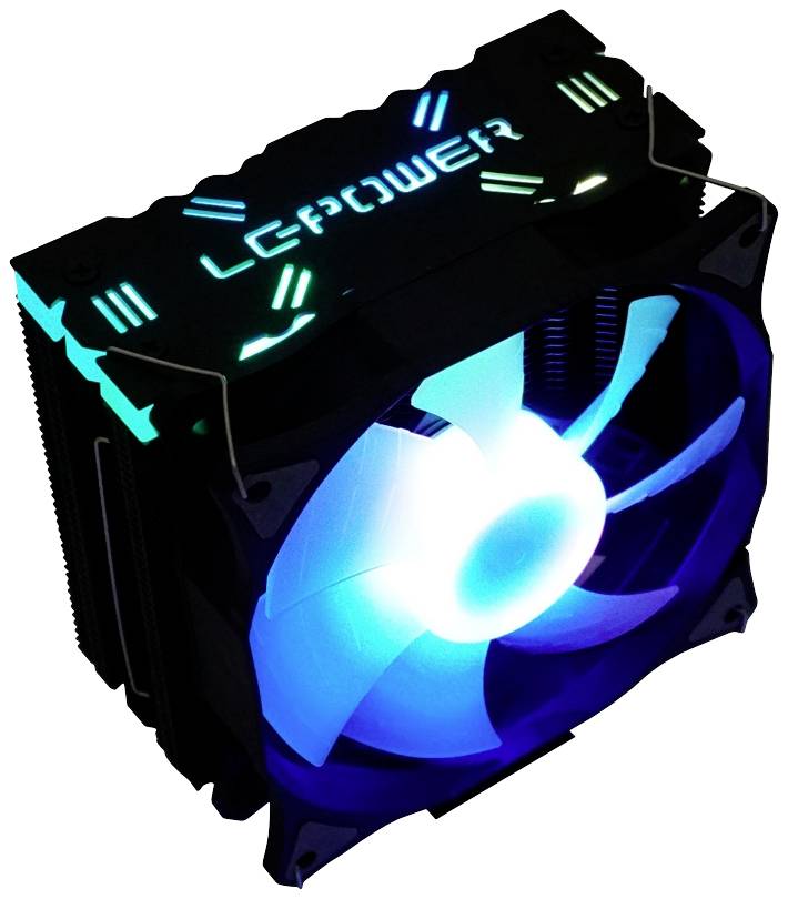 Ein Computer-Kühler mit leuchtendem blauen Lüfter und aufgedrucktem Schriftzug 'LC POWER' auf der Oberseite.