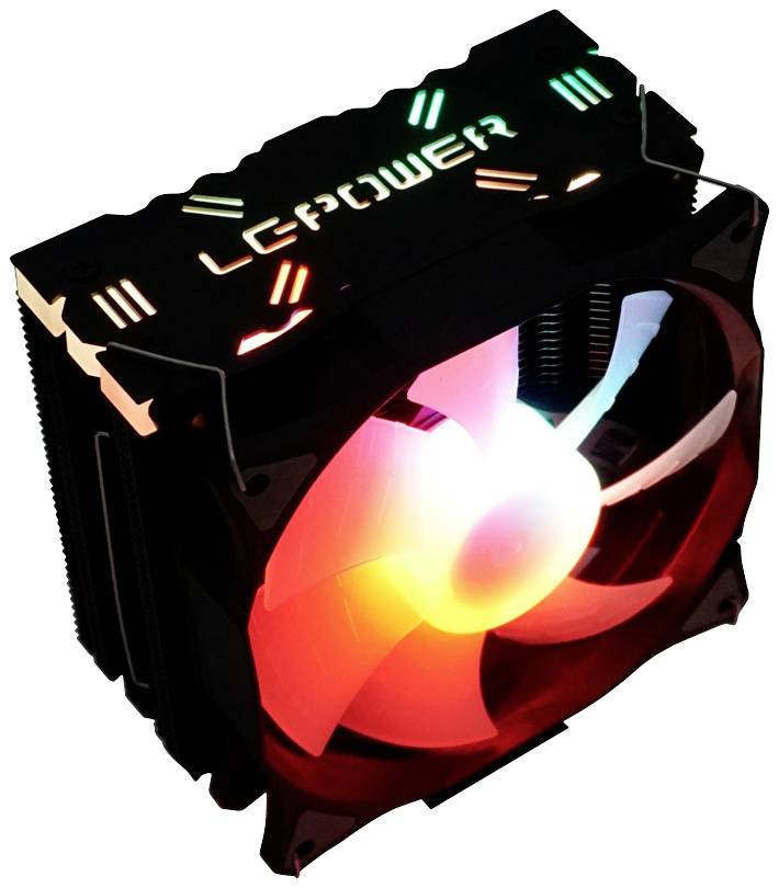 Lüfter mit beleuchteten Flügeln in Rot und Weiß, schwarzes Gehäuse mit dem Text 'LCPOWER' auf der Oberseite, LED-Akzente.
