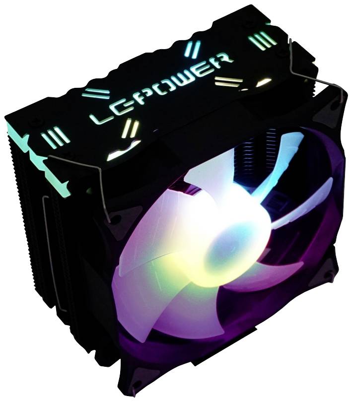 Schwarzer CPU-Kühler mit beleuchtetem Lüfter. Der Lüfter leuchtet in verschiedenen Farben. Oben steht 'LCPOWER'.