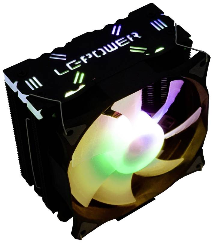 Computer-Lüfter mit beleuchtetem Propeller in Regenbogenfarben, markiert mit 'LCPOWER' auf der Oberseite.