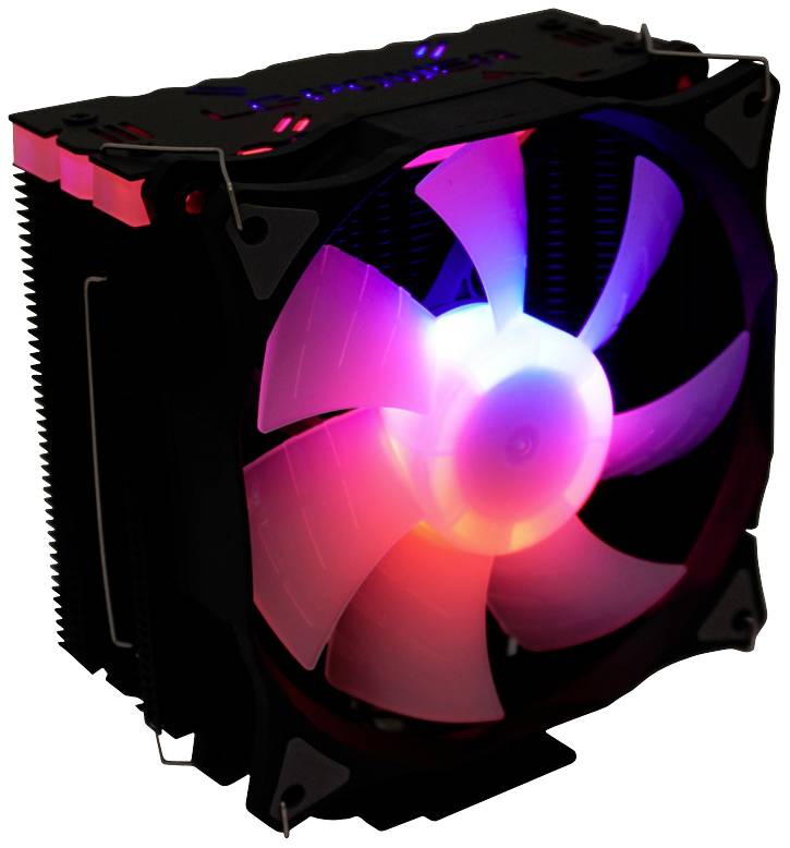 Ein schwarzer Computer-Lüfter mit mehreren abgerundeten Klingen leuchtet in verschiedenen Farben, darunter Rot, Blau und Violett.