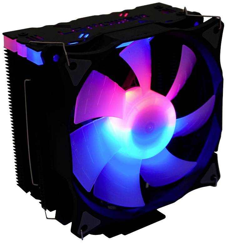 Lüfter mit farbiger LED-Beleuchtung, die rosa und blau leuchtet, vor schwarzem Gehäuse.