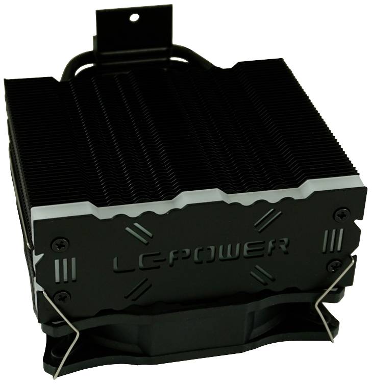 Ein schwarzer CPU-Kühler mit Lamellen-Design und dem Logo 'LC POWER' auf der Seite.