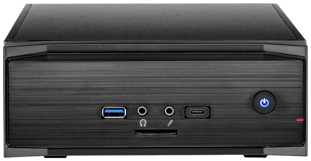 Ein kompaktes, rechteckiges Computergehäuse mit USB- und Audiobuchsen an der Vorderseite. Ein Einschaltknopf ist rechts sichtbar.