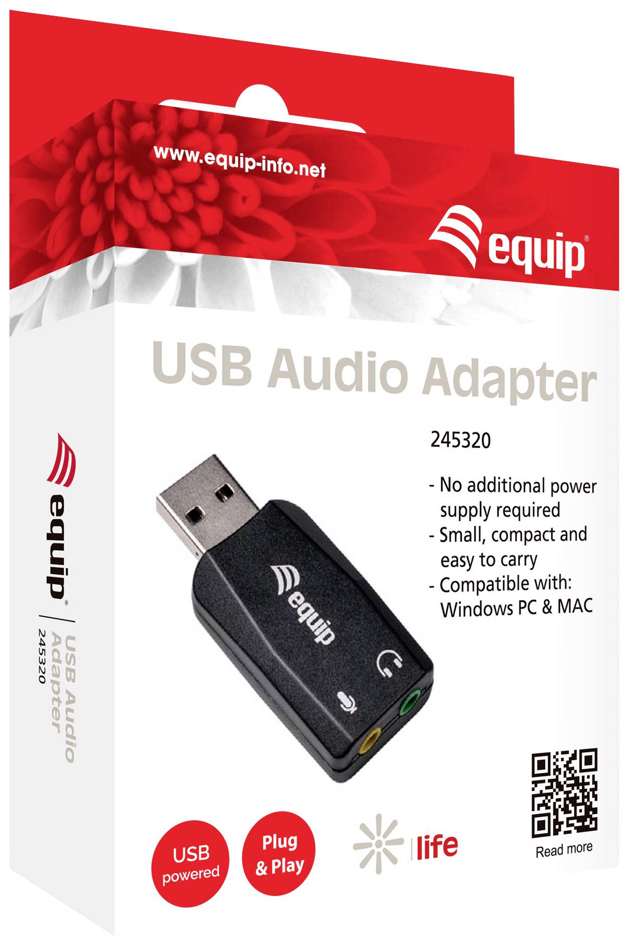 USB-Audio-Adapter in roter Verpackung mit der Aufschrift 'USB Audio Adapter'. Hauptmerkmale: kein externes Netzteil nötig, kompakt, kompatibel mit Windows und Mac.