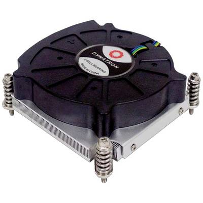 Ein schwarzer CPU-Kühler mit vier Schraubenfedern zur Befestigung. Oben ist ein Etikett mit der Aufschrift 'DYNATRON'. Kabel ragen heraus.