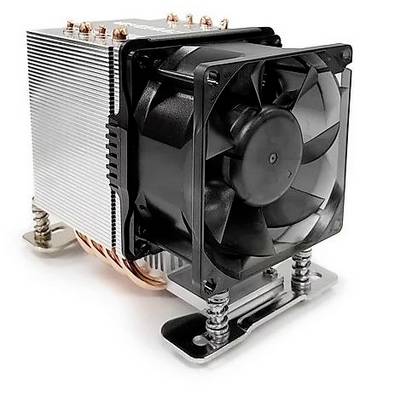 Ein schwarzer PC-Lüfter mit Kühlkörper für die Wärmeabfuhr in Computern. Rechts sind die Kühlrippen und die Kupferleitungen sichtbar.