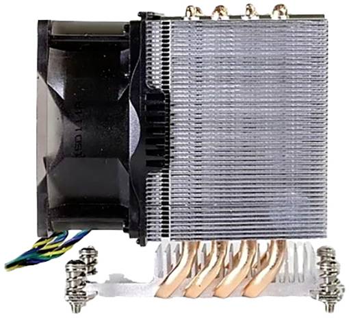 Metallischer CPU-Kühler mit Lüfter und Kühlrippen, verbunden durch Kupfer-Heatpipes, zur Wärmeableitung von Computerprozessoren.