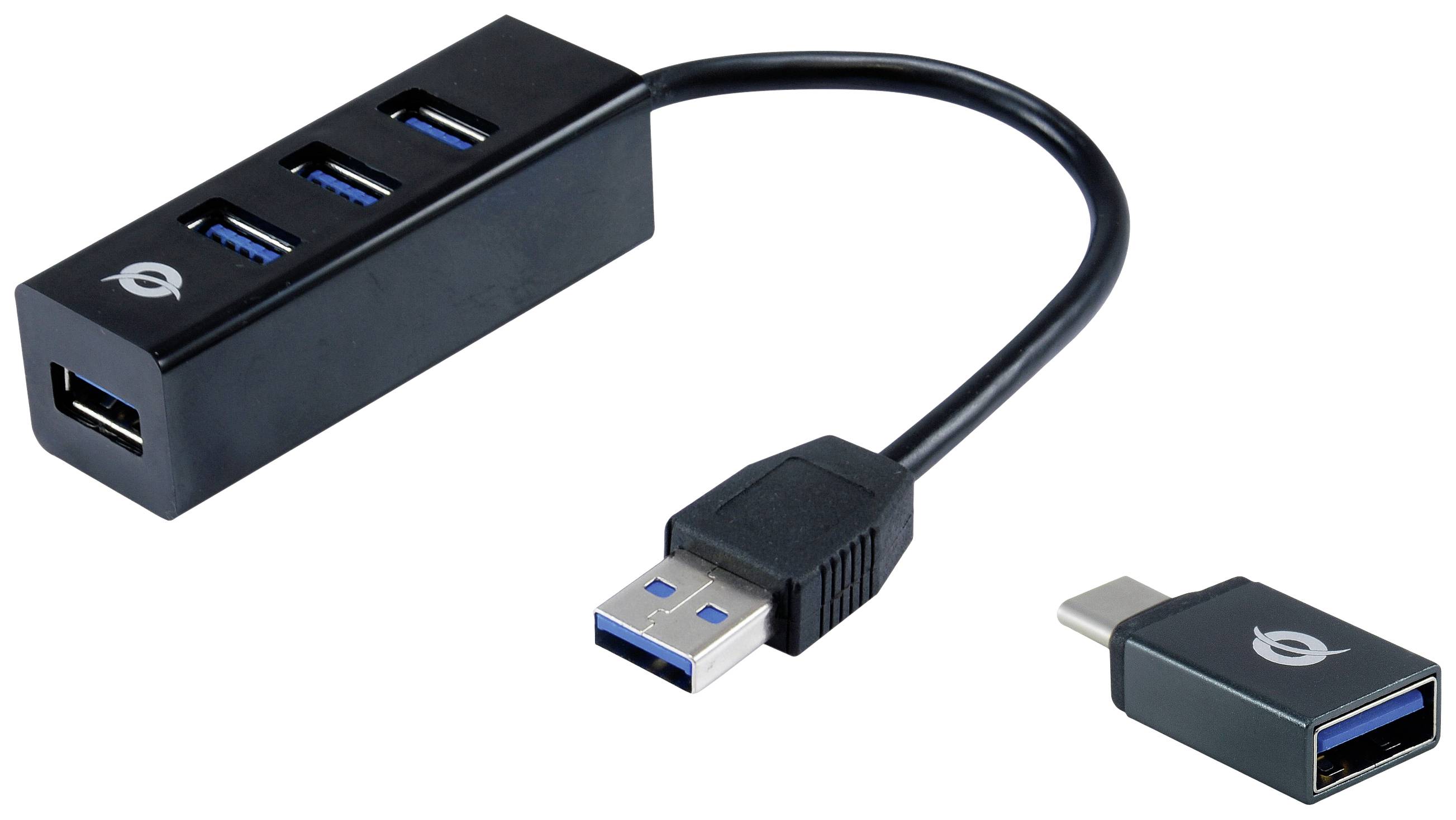 'USB-Hub mit vier Anschlüssen. Inklusive USB-A-Stecker und USB-C-Adapter. Geeignet zum Verbinden mehrerer Geräte über einen Port.'